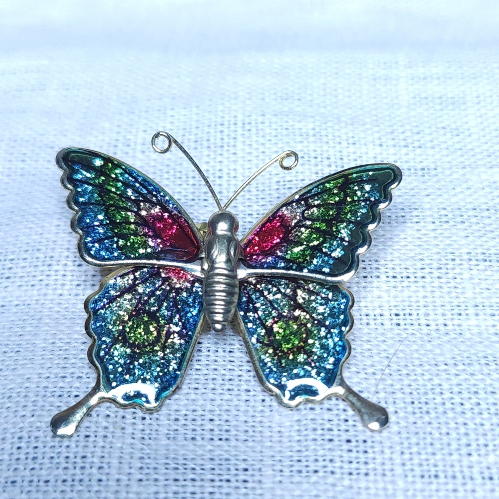 Vintage Colorful Butterfly Brooch Enamel Gold Tone 1"